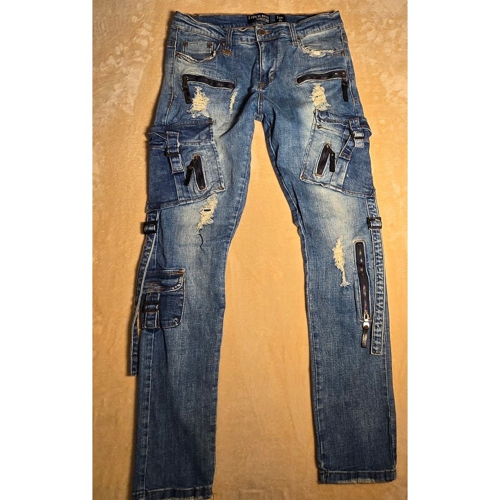 Cote De Nuits Mens Distressed Cargo Jeans Blue 34W 33L Streetwear Moto Tapered